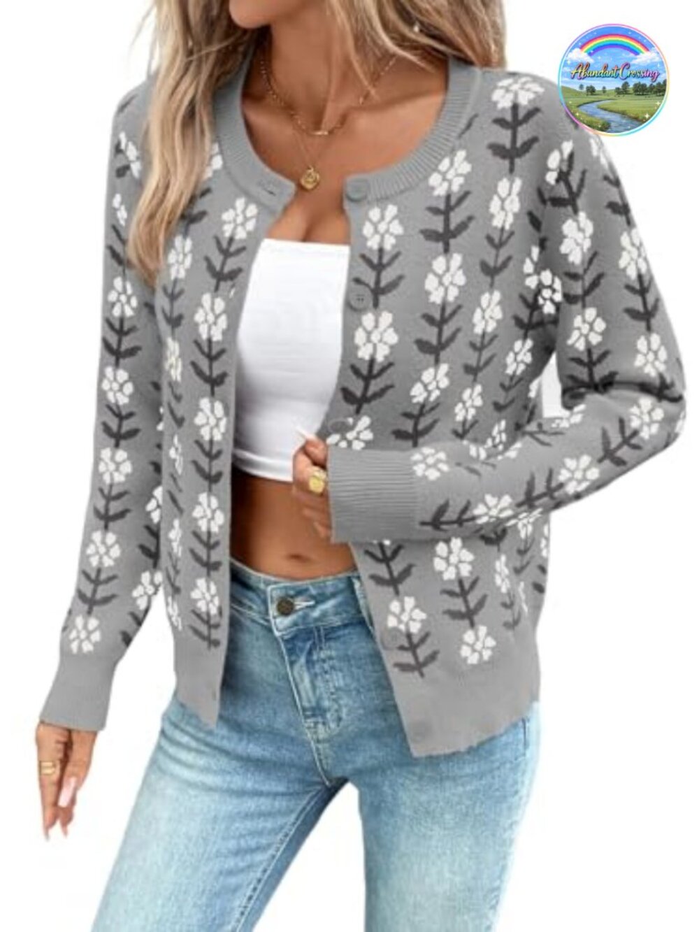 Cropped Knit Cardigan Sweater Women Button Down Crewneck Floral